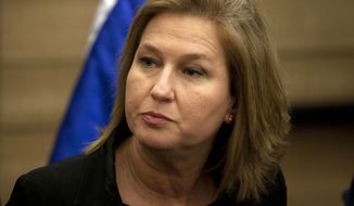 ** FILE ** Former Israeli Foreign Minister Tzipi Livni attends a news conference at the Knesset, Israel&#39;s parliament, in Jerusalem on Wednesday, Nov. 30, 2011. (AP Photo/Sebastian Scheiner)
