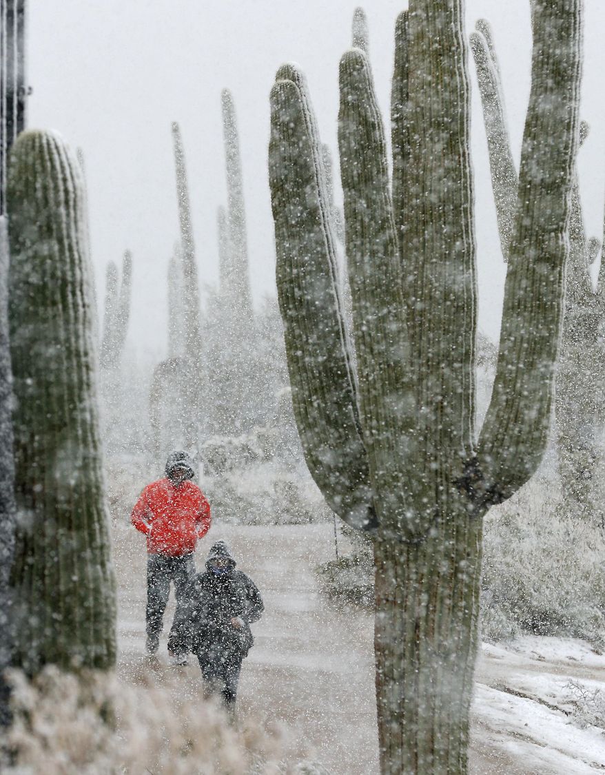 Golf fans make their way off the course as snow falls during the Match Play Championship golf tournament, Wednesday, Feb. 20, 2013, in Marana, Ariz. Play was suspended for the day. (AP Photo/Ross D. Franklin)