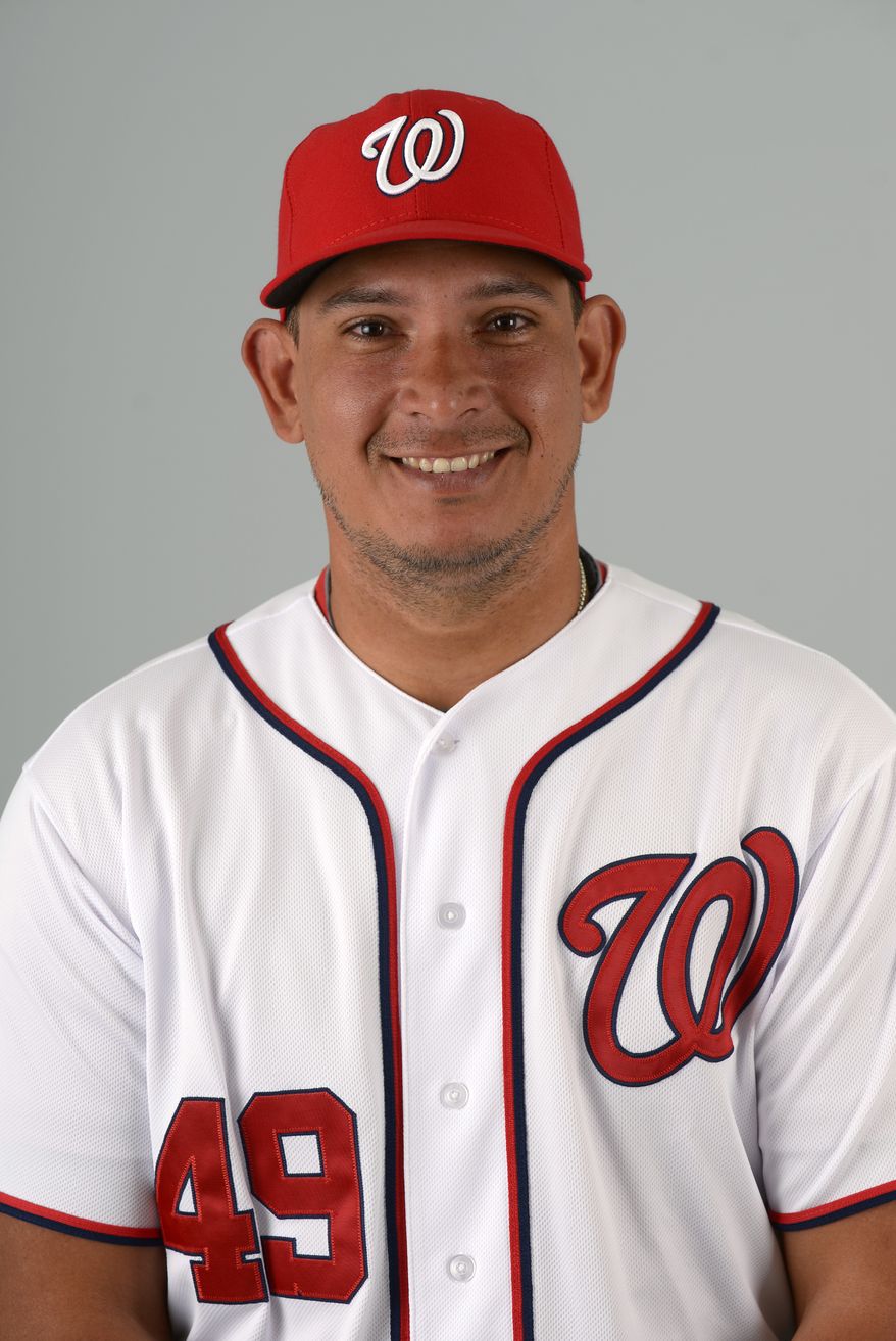 This is a 2013 photo of Carlos Maldonado of the Washington Nationals baseball team. This image reflects the Nationals active roster as of Feb. 20, 2013 when this image was taken.(AP Photo/Phelan M. Ebenhack)