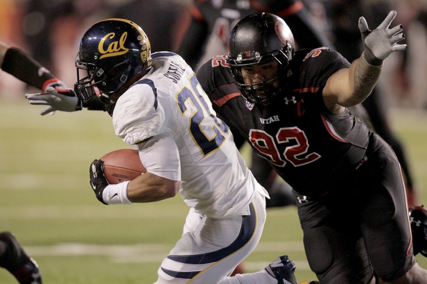 Utah defensive tackle Star Lotulelei (92) dives for California running back Isi Sofele (20) in the first quarter during an NCAA college football game Saturday, Oct. 27, 2012, in Salt Lake City. (AP Photo/Rick Bowmer)
