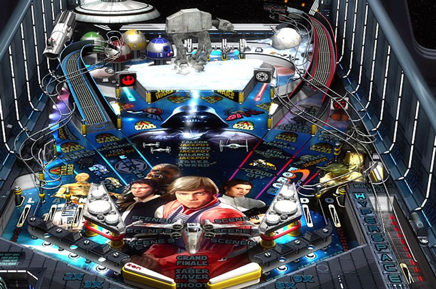 An AT-AT Walker circles around The Empire Strike Back table in the game simulation Star Wars Pinball.