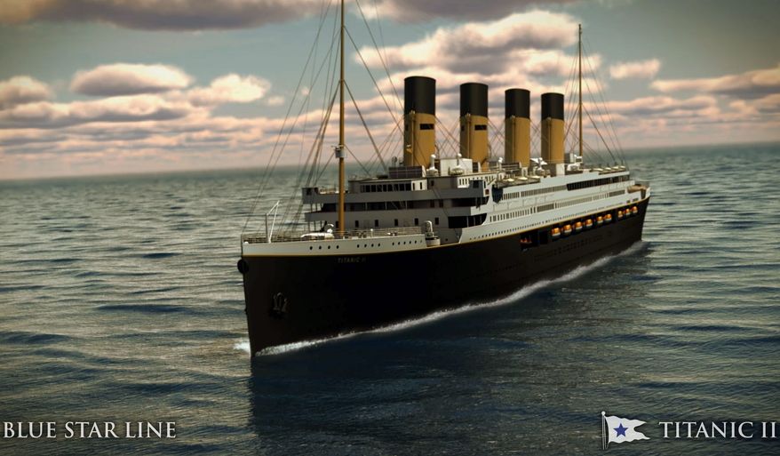A rendering shows what the Titanic II will look like cruising at sea. Australian billionaire Clive Palmer says his plans to launch a copy of the Titanic and sail her across the Atlantic would be a tribute to those who built and backed the original. (Blue Star Line via Associated Press)