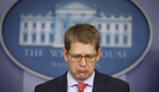 White House press secretary Jay Carney pauses during his daily news briefing at the White House on Feb. 28, 2013. (Associated Press)