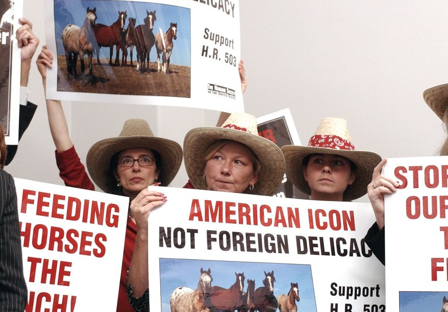 **FILE** Demonstrators carry signs during a rally on Capitol Hill in Washington on Sept. 5, 2006, in support of a bill to ban horse slaughter for human consumption. (Associated Press)
