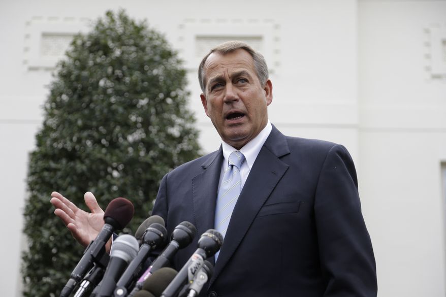 House Speaker John Boehner, Ohio Republican, speaks to reporters outside the White House on March 1, 2013, following a meeting with President Obama and Congressional leaders regarding the automatic spending cuts. (Associated Press)