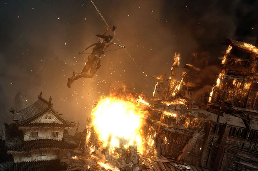 Just one of the many explosive, blockbuster moments in the video game Tomb Raider.