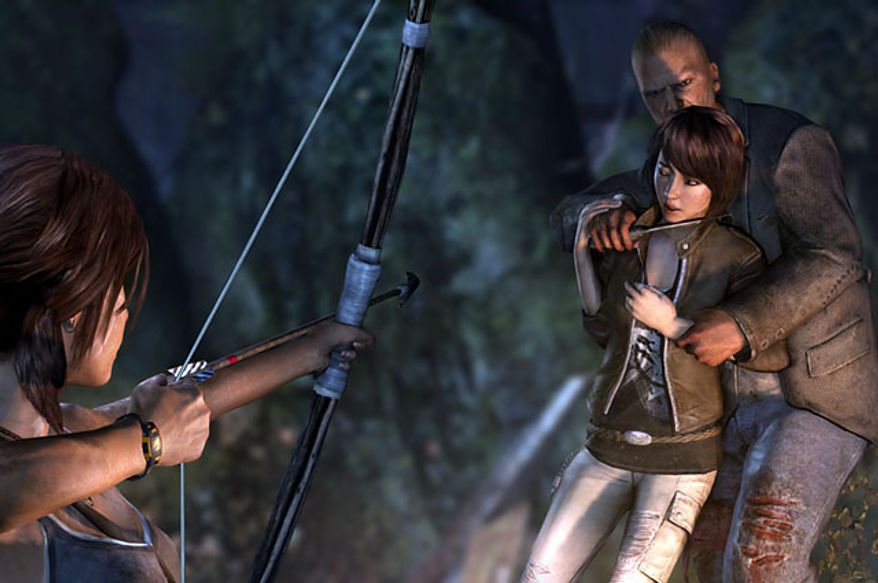 Lara Croft uses a bow to save a friend in the video game Tomb Raider.