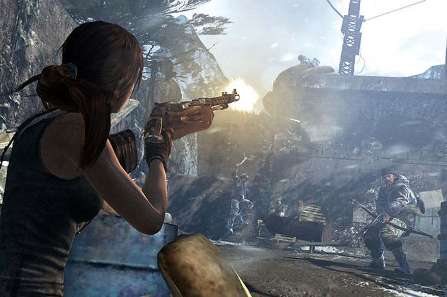 Lara Croft shoots at enemies in the video game Tomb Raider.