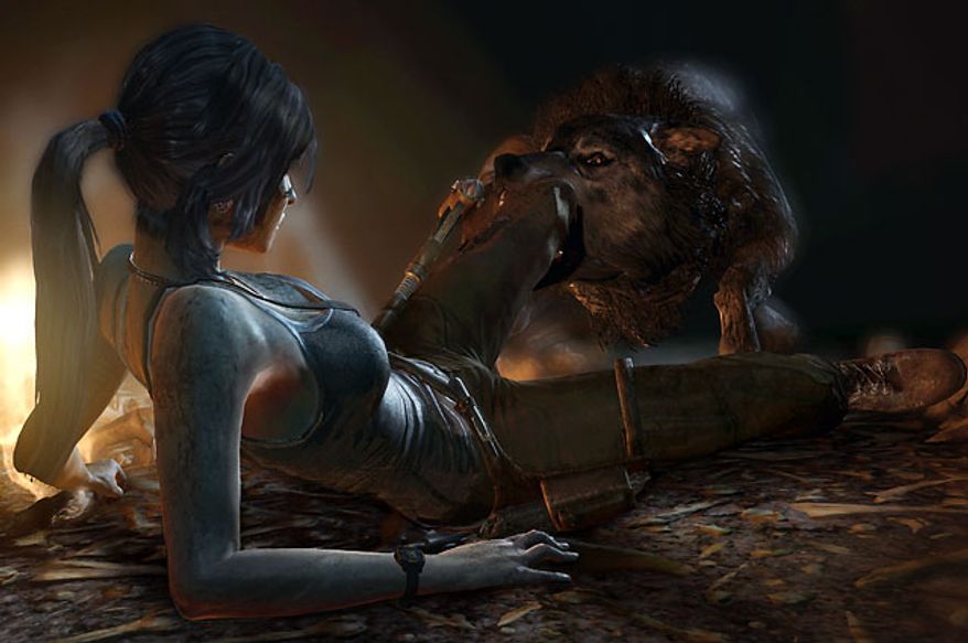 Lara Croft has trouble with a wolf in the video game Tomb Raider.