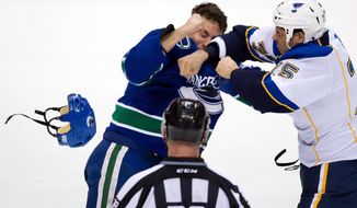**FILE** St. Louis Blues&#39; Ryan Reaves, right, knocks Vancouver Canucks&#39; Aaron Volpatti&#39;s helmet off his head as they fight during the third period of an NHL hockey game in Vancouver, British Columbia, on Sunday, Feb. 17, 2013. (AP Photo/The Canadian Press, Darryl Dyck)
