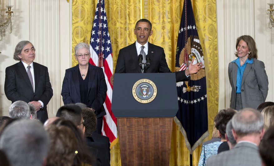President Obama announces in the East Room of the White House in Washington on Monday, March 4, 2013, that he will nominate (from left) Massachusetts Institute of Technology physicist Ernest Moniz for secretary of energy, Gina McCarthy as administrator of the Environmental Protection Agency; and Wal-mart Foundation President Sylvia Mathews Burwell to head the White House Office of Management and Budget. (AP Photo/Carolyn Kaster)