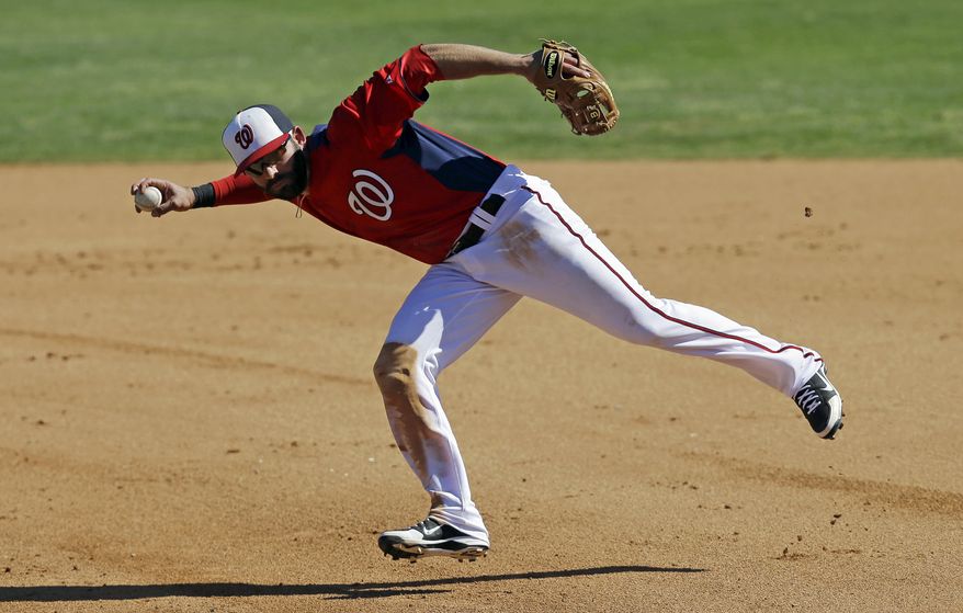 Washington Nationals second baseman Danny Espinosa throws to first after fielding a ground ball by Houston Astros' Brandon Laird during the sixth inning of an exhibition spring training baseball game Tuesday, March 5, 2013, in Viera, Fla. Laird was out at first on the play. (AP Photo/David J. Phillip)