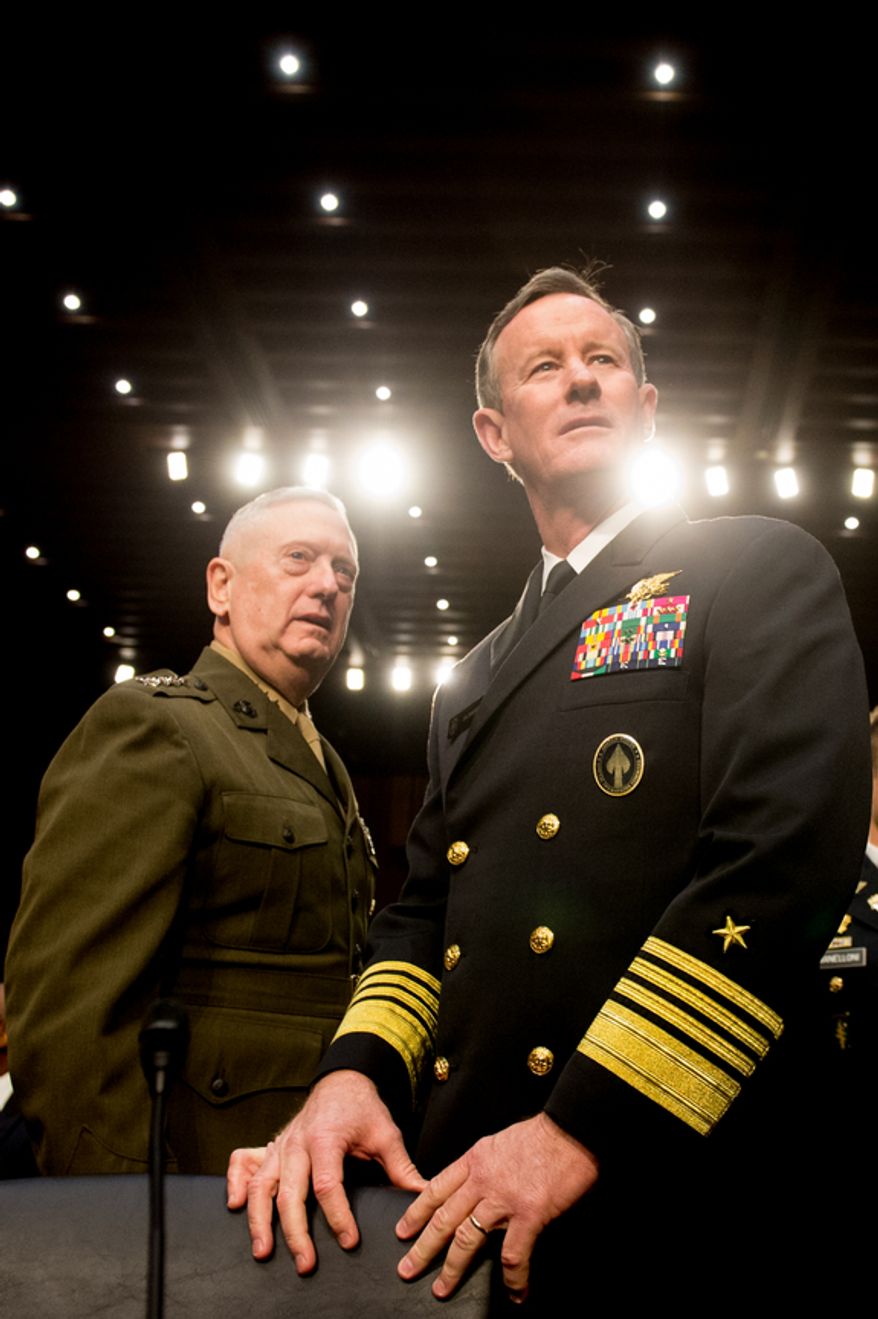 Marine Gen. James N. Mattis (left), commander of U.S. Central Command, and Adm. William H. McRaven (right), commander of the U.S. Special Operations Command, arrive on Capital Hill in Washington on Tuesday, March 5, 2013, to testify before the Senate Armed Services Committee on a review of the defense authorization request for fiscal 2014 and future years. (Andrew Harnik/The Washington Times)