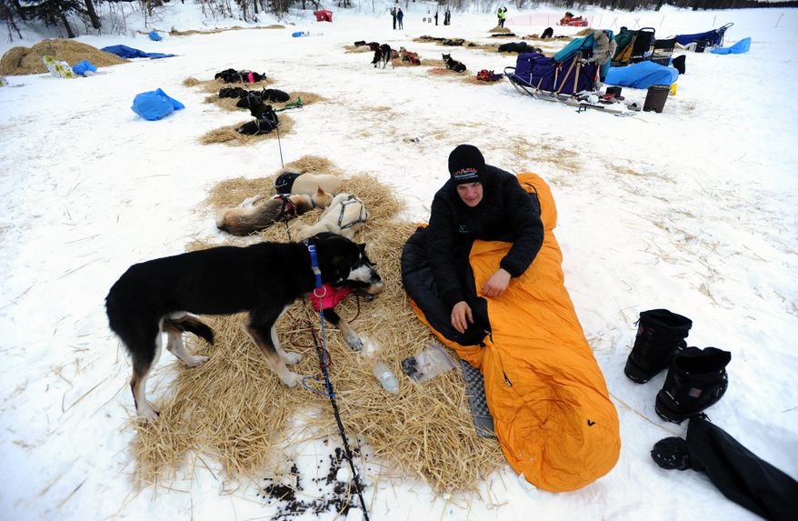 Christine Roalofs prepares to rest with her dogs at the Finger Lake checkpoint in Alaska on Monday, March 4, 2013, during the Iditarod Trail Sled Dog Race. (AP Photo/The Anchorage Daily News, Bill Roth)