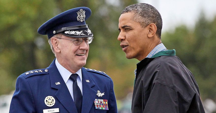 Commander of U.S. Strategic Command Gen. C. Robert Kehler, with President Obama, warns of a cascade of problems with sequestration. (Associated Press)