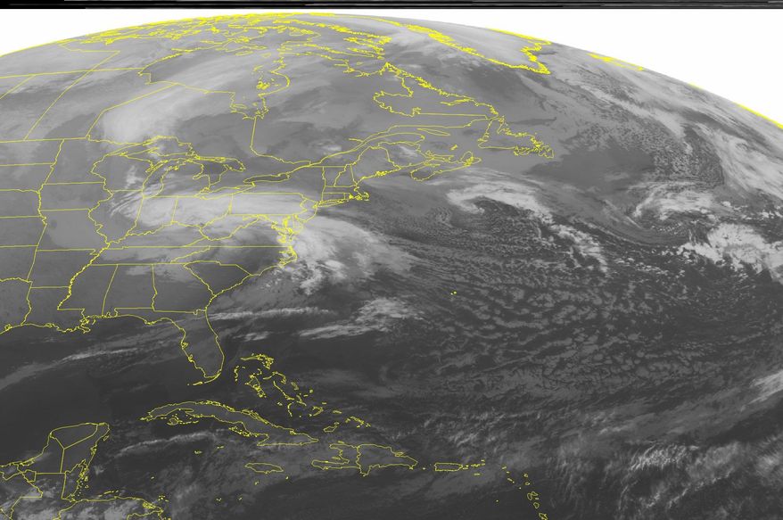 This NOAA satellite image taken Wednesday, March 6, 2013, at 1:45 a.m. EST shows a low pressure system over the central Appalachian Mountains moving into the Mid-Atlantic and Northeast with areas of snow and coastal rain. Fair weather is seen across the southeastern United States. (AP PHOTO/WEATHER UNDERGROUND)