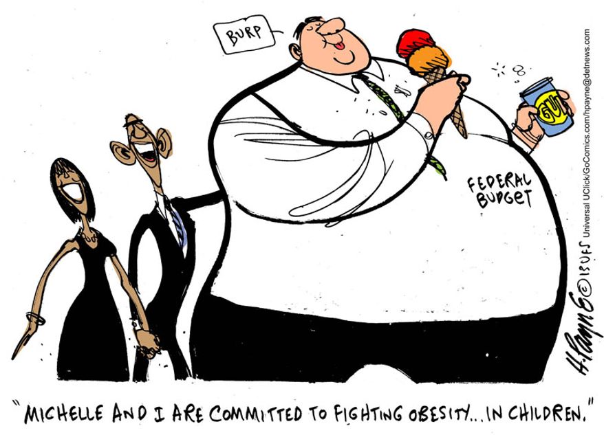 Michelle and I are committed to fighting obesity ... in children. (Illustration by Henry Payne for the Detroit News)