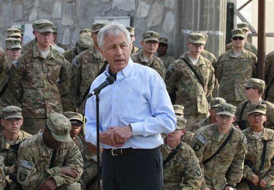 U.S. Defense Secretary Chuck Hagel speaks to members of the U.S. Army 101st Airborne Division at Jalalabad Airfield in eastern Afghanistan, Saturday, March 9, 2013. It is Hagel's first official trip since being sworn-in as President Barack Obama's defense secretary. (AP Photo/Jason Reed, Pool)