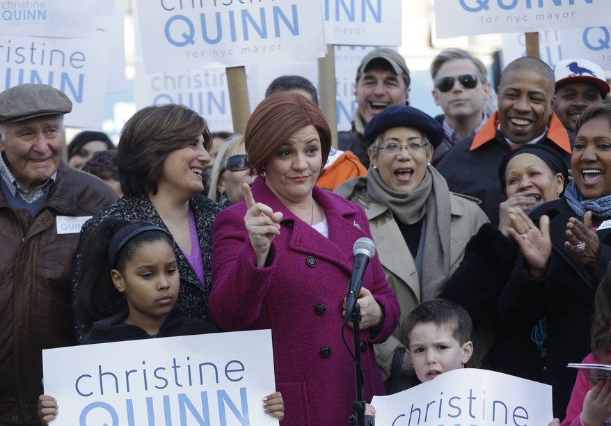 ** FILE ** Surrounded by family and supporters, New York City Council speaker and mayoral hopeful Christine Quinn, center, speaks to the media as she announces her mayoral run in New York, Sunday, March 10, 2013. The New York City Council speaker has formally launched what she hopes will be a history-making mayoral bid this fall. (AP Photo/Seth Wenig)