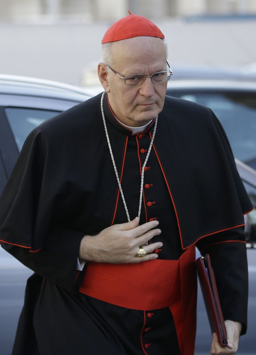Hungarian Cardinal Peter Erdo arrives for a meeting at the Vatican on Monday, March 4, 2013. He is on the list of prelates often mentioned as a candidate for the papacy. (AP Photo/Andrew Medichini)