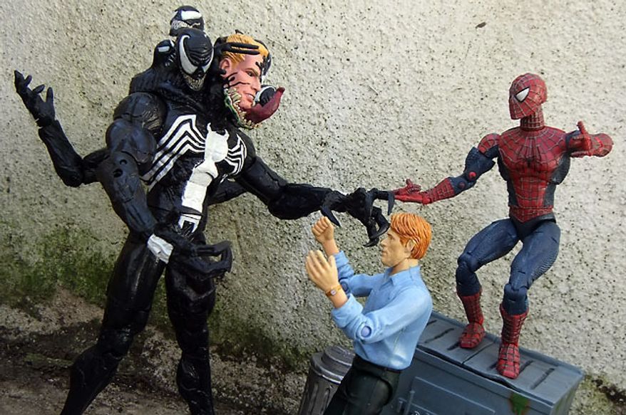 Norman Osborn tries to calm down Diamond Select Toys' Venom while Spider-Man looks on. (Photograph by Joseph Szadkowski / The Washington Times)