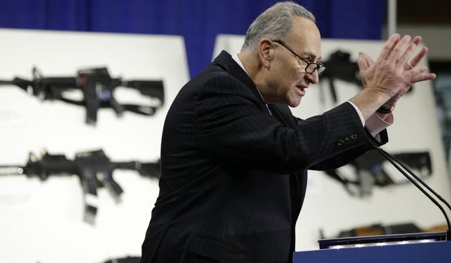 **FILE** Sen. Charles Schumer, New York Democrat, speaks Jan. 24, 2013, during a news conference with a coalition of members of Congress, mayors, law enforcement officers, gun safety organizations and other groups on Capitol Hill in Washington to introduce legislation on assault weapons and high-capacity ammunition feeding devices. (Associated Press)