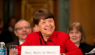 Mary Jo White, President Obama&#39;s pick to head the Securities and Exchange Commission, testifies on March 12, 2013, at her confirmation hearing in front of the U.S. Senate Banking, Housing and Urban Affairs Committee on Capitol Hill. (Andrew Harnik/The Washington Times)