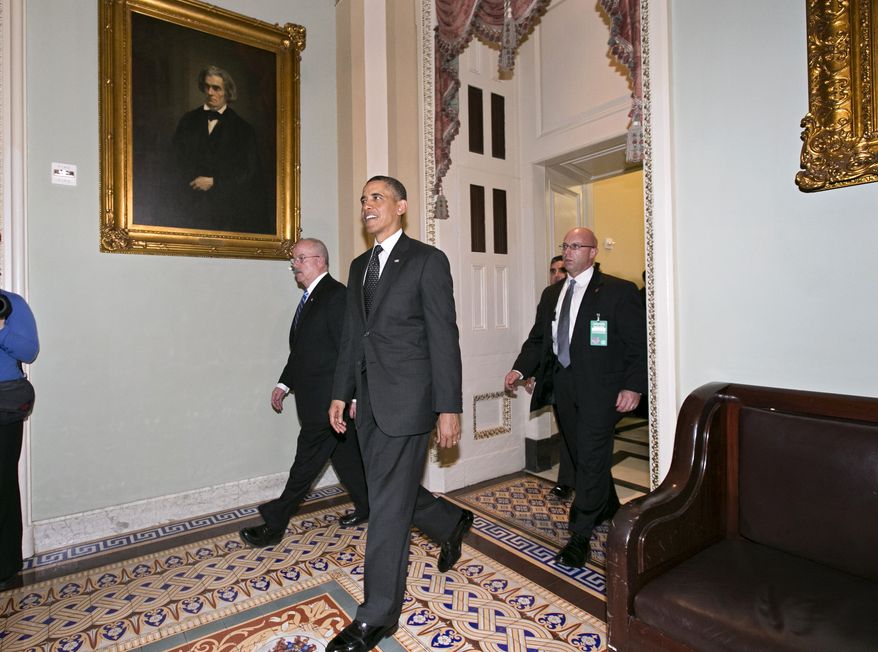 President Obama leaves the Capitol in Washington on March 12, 2013, after visiting with Senate Democrats in the first of four meetings with lawmakers this week to discuss the budget. (Associated Press)