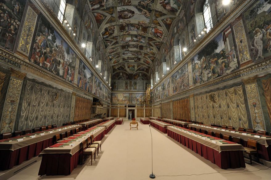 The Sistine Chapel has been prepared for the conclave to elect the next Roman pontiff. (AP Photo/L'Osservatore Romano)