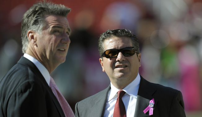**FILE** Washington Redskins General Manager Bruce Allen, left, and Owner Daniel Snyder watch the Redskins warm-up prior to their NFL football game with the Minnesota Vikings Sunday, Oct. 14, 2012, in Landover, Md. The Redskins defeated the Vikings 38-26. (AP Photo/Cliff Owen)