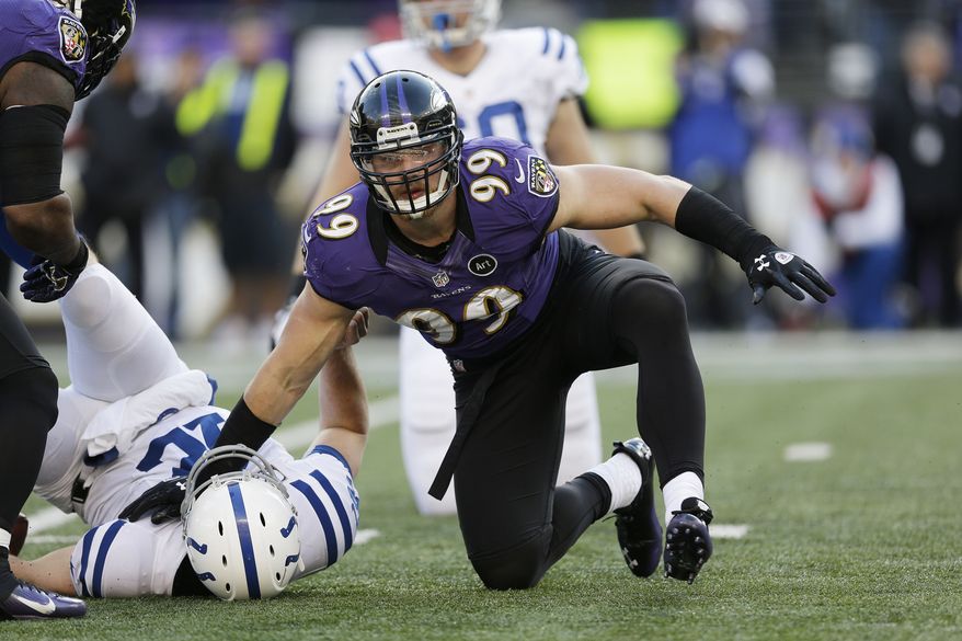 FILE - In this jan. 6, 2013, file photo, Baltimore Ravens outside linebacker Paul Kruger (99) looks up after sacking Indianapolis Colts quarterback Andrew Luck during the second half of an NFL wild card playoff football game in Baltimore. The Cleveland Browns reached agreement on Tuesday, March 12, 2013, with Kruger, who led the Ravens in sacks last season, a person familiar with the agreement told The Associated Press. (AP Photo/Patrick Semansky, File)