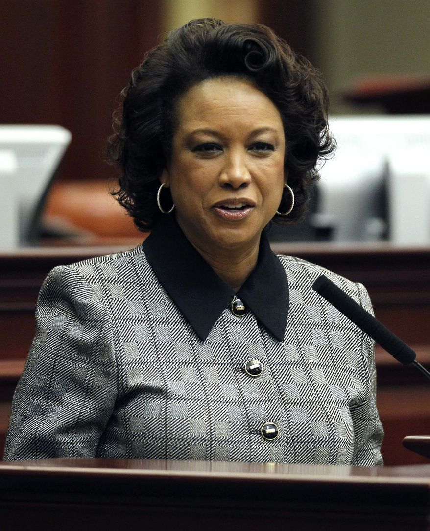 ** FILE ** In this Jan. 11, 2012, file photo, Florida Lt. Gov. Jennifer Carroll speaks during Florida Space Center day in Tallahassee, Fla. Carroll abruptly resigned Wednesday, March 13, 2012, after authorities questioned her ties into Internet cafes that authorities say are fronts for gambling. (AP Photo/Chris O'Meara, File)