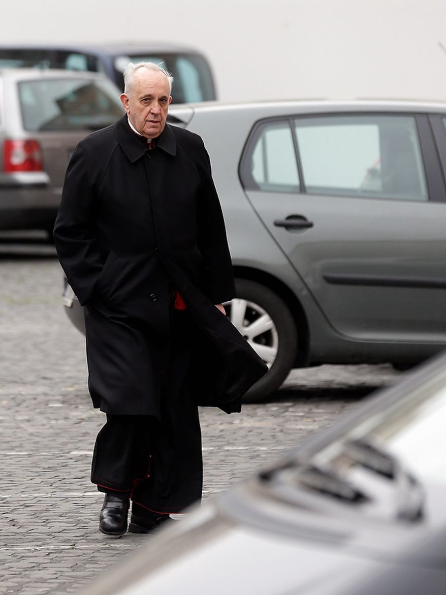 Cardinal Jorge Mario Bergoglio arrives for a meeting, at the Vatican, Wednesday, March 6, 2013. Cardinals from around the world have gathered inside the Vatican for their first round of meetings before the conclave to elect the next pope, amid scandals inside and out of the Vatican and the continued reverberations of Benedict XVI's decision to retire. (AP Photo/Alessandra Tarantino)