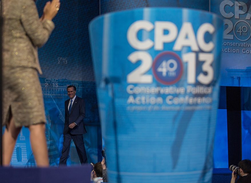 Mitt Romney (R) takes the stage to speak at this year's Conservative Political Action Conference (C.P.A.C.) held at the Gaylord National Hotel, National Harbor, Md., Friday, March 15, 2013.(Andrew S. Geraci/The Washington Times)