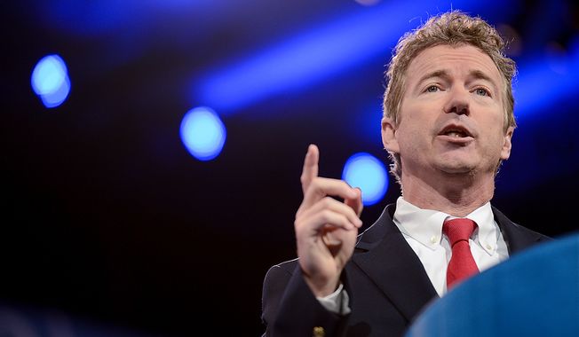 Sen. Rand Paul, Kentucky Republican, speaks at the Conservative Political Action Conference at the Gaylord National Hotel at National Harbor, Md., on Thursday, March 14, 2013. (Andrew Harnik/The Washington Times)
