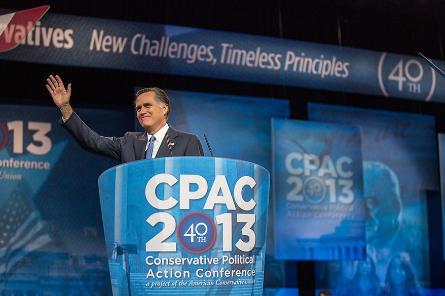 Mitt Romney (R) waves to the audience before he speaks at this year&#39;s Conservative Political Action Conference (C.P.A.C.) held at the Gaylord National Hotel, National Harbor, Md., Friday, March 15, 2013. (Andrew S. Geraci/The Washington Times) ** FILE **