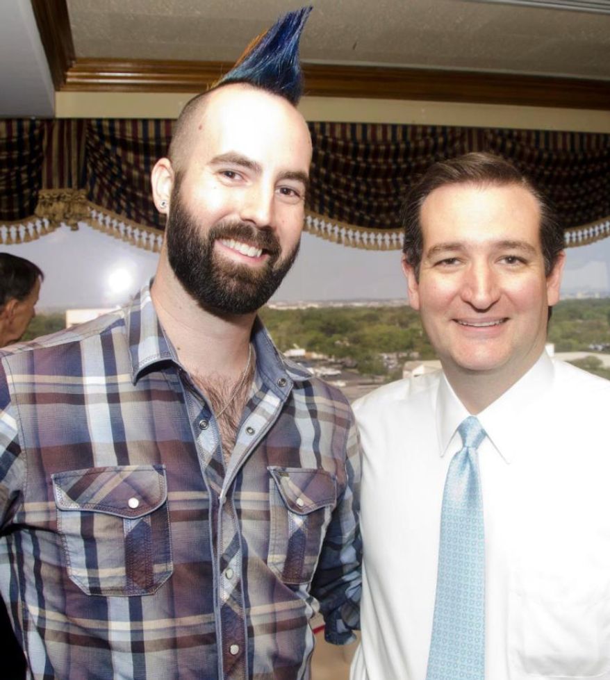 Ian "Rooster" Jacobson (left), a student at the University of Texas whose multicolored mohawk attracted much attention at the Conservative Political Action Conference over the weekend, stands with Sen. Ted Cruz, Texas Republican, at a recent campaign event. (Photo courtesy of Ian Jacobson)