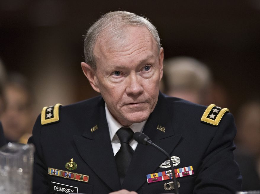 **FILE** Joint Chiefs Chairman Gen. Martin E. Dempsey testifies on Capitol Hill in Washington on Feb. 12, 2013, before the Senate Armed Services Committee hearing on the looming cuts to the defense budget. (Associated Press)
