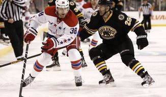 Washington Capitals&#39; Jack Hillen (38) looks for an opening during the third period of a NHL hockey game against the Boston Bruins in Boston Saturday, March 16, 2013. (AP Photo/Winslow Townson)