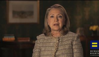Former Secretary of State Hillary Rodham Clinton, pictured in a video frame grab provided by the Human Rights Campaign, announces her support for gay marriage, putting her in line with other potential Democratic presidential candidates on a social issue that rapidly is gaining public approval. (AP Photo/Human Rights Campaign)
