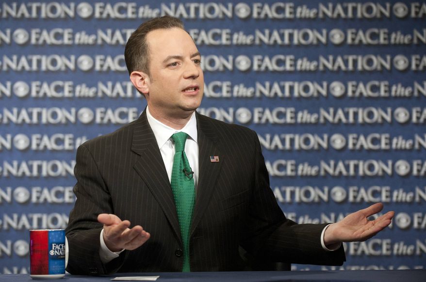 In this Sunday, March 17, 2013, photo provided by CBS News, Republican National Committee Chairman Reince Priebus speaks on CBS's "Face the Nation" in Washington. Priebus says the party will spend $10 million this year to send hundreds of paid staffers into communities to talk with Hispanic, black and Asian voters. (AP Photo/CBS News, Chris Usher)