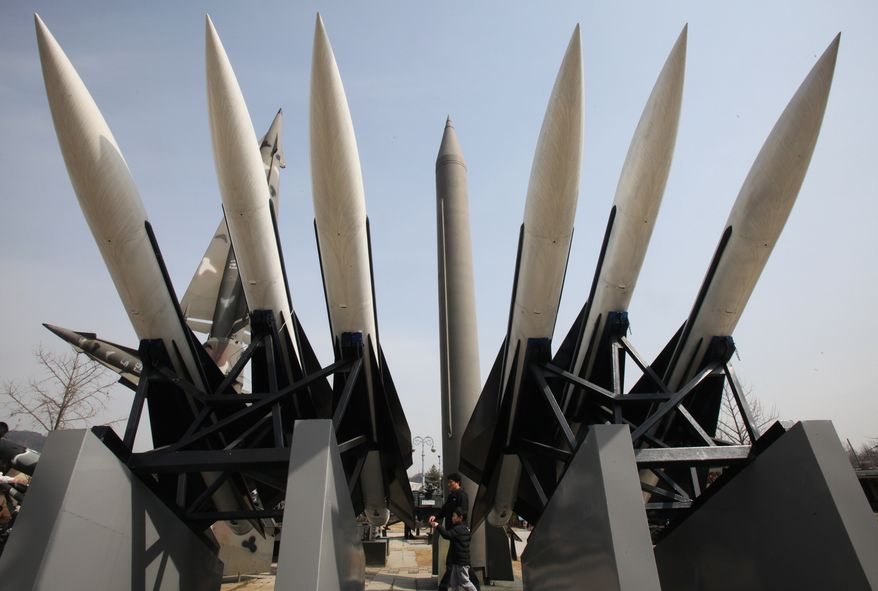 Models of a mock North Korea Scud-B missile (center) and other South Korean missiles are displayed at Korea War Memorial Museum in Seoul on March 17, 2013. (Associated Press)