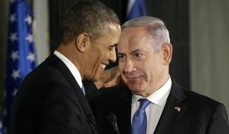 ** FILE ** President Obama and Israeli Prime Minister Benjamin Netanyahu talk during their joint news conference in Jerusalem on Wednesday, March 20, 2013. (AP Photo/Pablo Martinez Monsivais)

