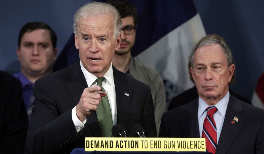 Vice President Joseph R. Biden (left), accompanied by New York Mayor Michael Bloomberg, speaks in New York&#x27;s City Hall Blue Room on March 21, 2013. Relatives of shooting victims from Newtown, Conn., stood with Bloomberg and Biden as they spoke in favor of an assault weapons ban. (Associated Press)