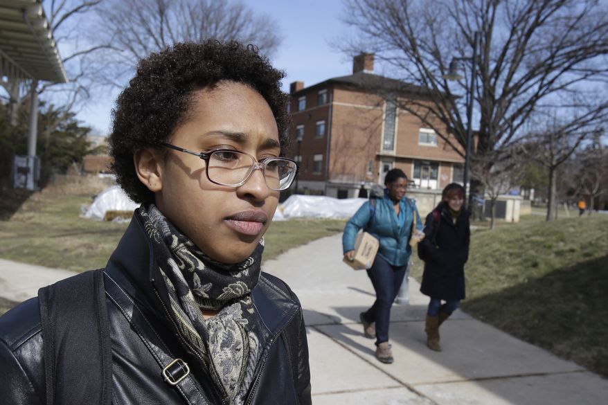 Modjeska Pleasant, 19, who is a first-year biology student at Oberlin College in Oberlin, Ohio, talks on Tuesday, March 5, 2013, about the racial incidents that have occurred recently at the college. (AP Photo/Tony Dejak)
