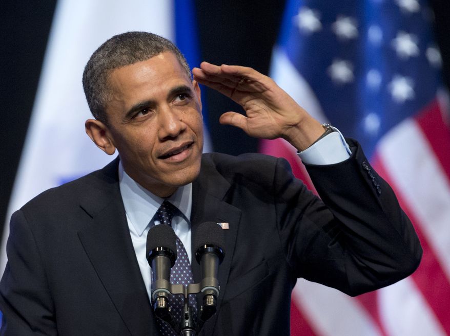 President Obama looks into the crowd for a person yelling at him during his speech at the International Convention Center in Jerusalem on March 21, 2013. (Associated Press)