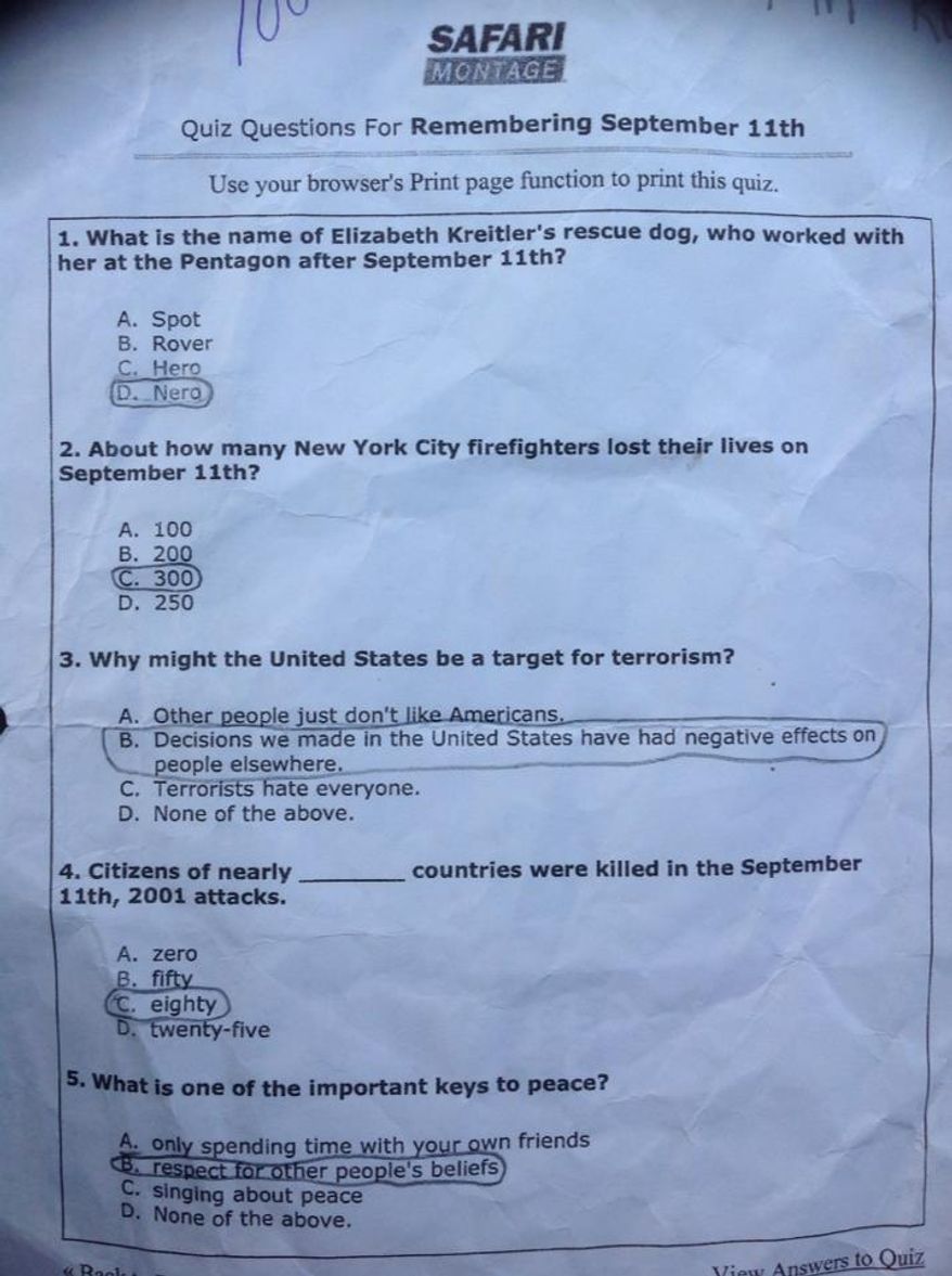A Texas school quiz from a statewide curriculum guide has suggested the U.S. was resposible for the 9/11 terrorists attacks.