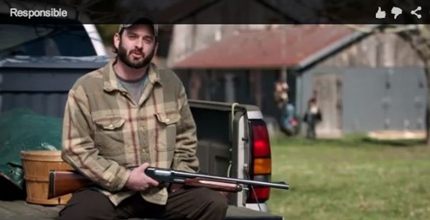 Ad entitled "Responsible" produced by Mayor Mike Bloomberg's organization Mayors Against Illegal Guns. The ad is running in 13 states to pressure U.S. senators to vote for gun-control legislation.