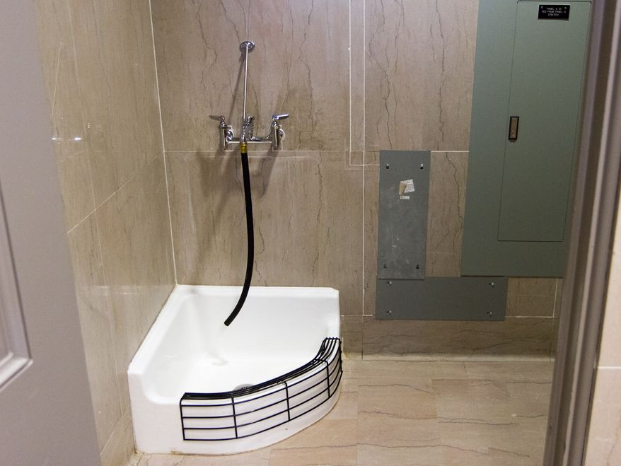 A new utility sink installed in the men's restroom outside the House chamber in the state Capitol in Nashville, Tenn., is seen here on March 13, 2013. Legislative staffers and building administrators have sought to reassure some concerned lawmakers that the new sink was not installed as a special facility to support Muslim prayer rituals, but rather to make it easier for custodial staff to fill buckets and clean mops. (Associated Press)