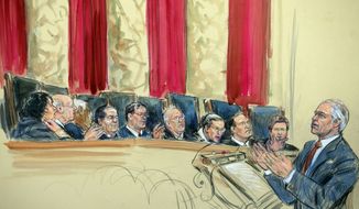 This artist rendering shows attorney Charles J. Cooper, right, addressing the Supreme Court in Washington, Tuesday, March 26, 2013, as the court heard arguments on California&#39;s ban on same-sex marriage. Justices, from left are, Sonia Sotomayor, Stephen Breyer, Clarence Thomas, Antonin Scalia, Chief Justice John Roberts, and Justices Anthony Kennedy, Ruth Bader Ginsburg, Samuel Alito and Elena Kagan. (AP Photo/Dana Verkouteren)
